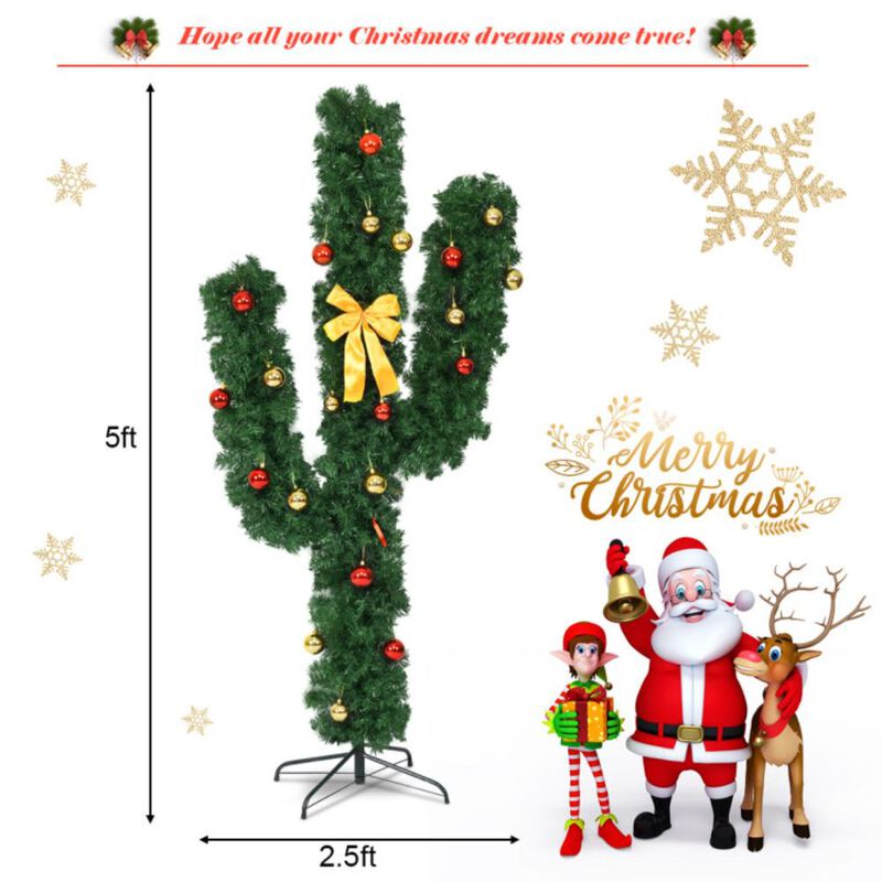 Hivvago 5/6/7 Feet Artificial Cactus PVC Christmas Tree with LED Lights and Ball Ornaments