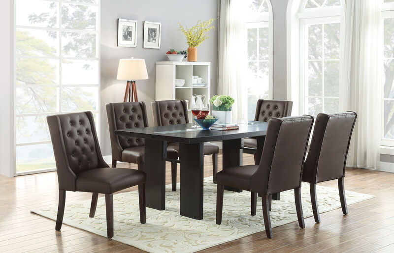 Espresso Faux Leather Dining Chairs With Button Tufted Back, Set Of 2