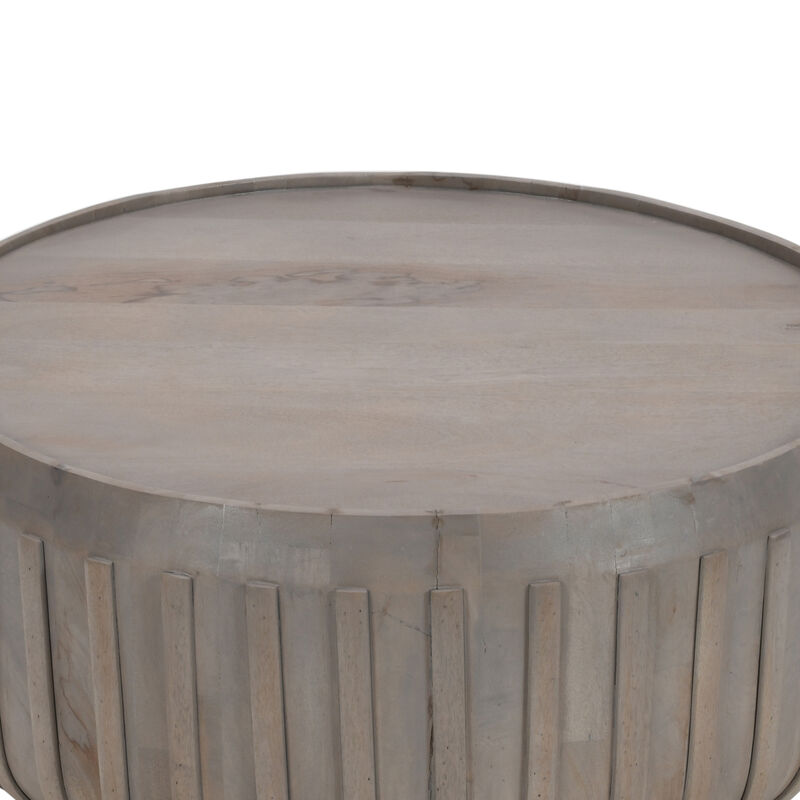 Alisha 36 Inch Coffee Table, Handcrafted Drum Shape with Ribbed Edges, Gray Mango Wood