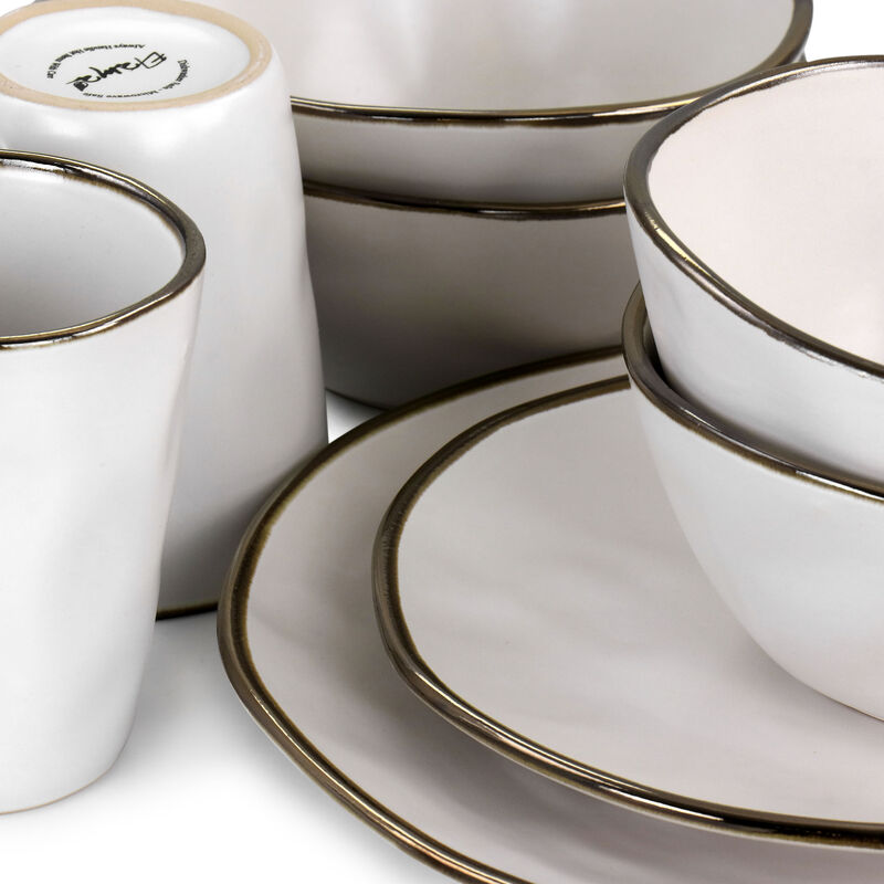 Elama Modern 16 Piece Stoneware Dinnerware Set in Matte White with Gold Rim