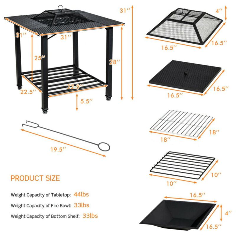 Hivvago 31 Inch Outdoor Fire Pit Dining Table with Cooking BBQ Grate