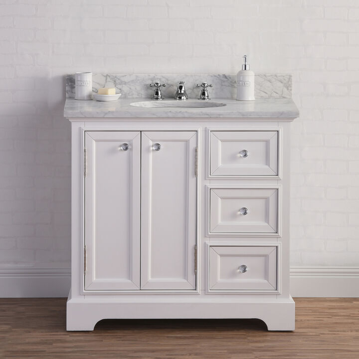 Derby 36 In. Single Sink Carrara White Marble Countertop Bath Vanity In Pure White