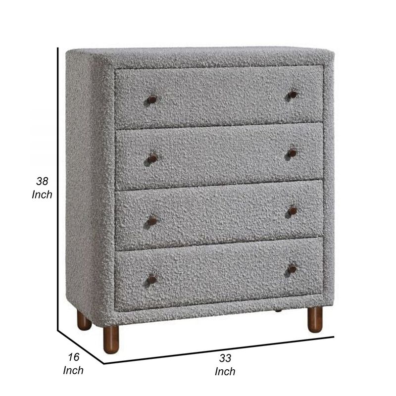 Lyno 38 Inch Tall Dresser Chest, 4 Drawers, Gray Boucle Upholstery, Brown - Benzara