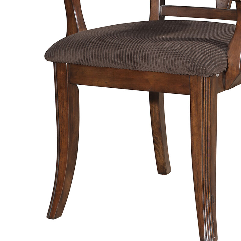 Wooden Arm Chair with Fabric Padded Seat and Lattice Design Backrest, Brown, Set of Two-Benzara