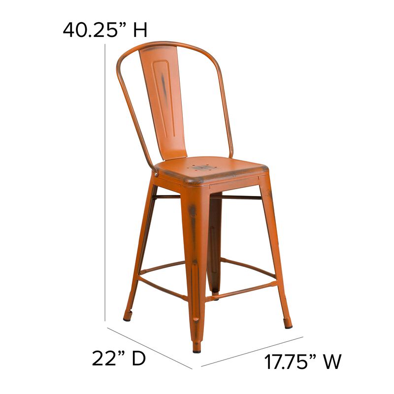 Flash Furniture Carly Commercial Grade 24" High Distressed Orange Metal Indoor-Outdoor Counter Height Stool with Back