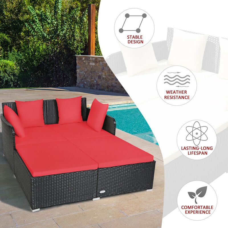 Spacious Outdoor Rattan Daybed with Upholstered Cushions and Pillows