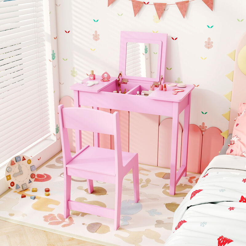 2-in-1 Kids Vanity Makeup Table and Chair Set with Flip Top Mirror