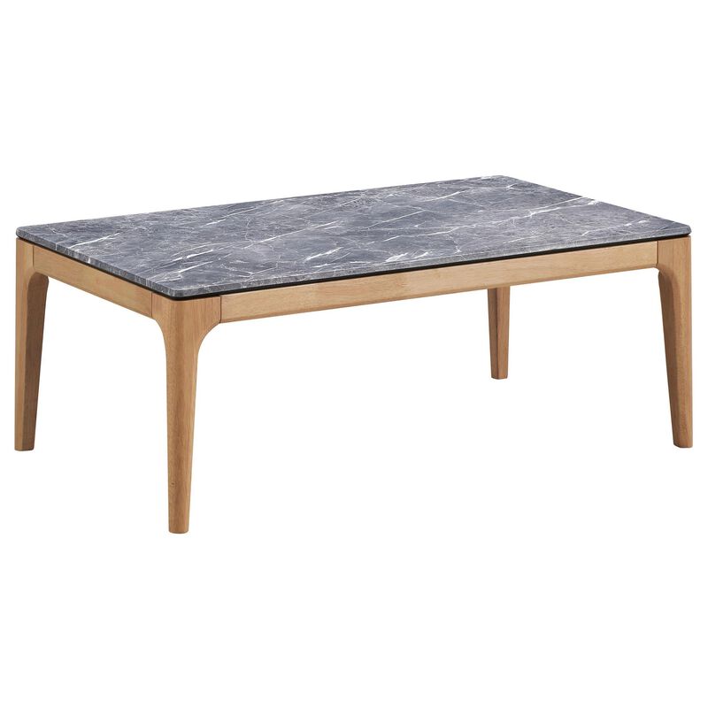 Aris Coffee Table, 47 Inch Gray Faux Marble, Rectangular Brown Wood - Benzara