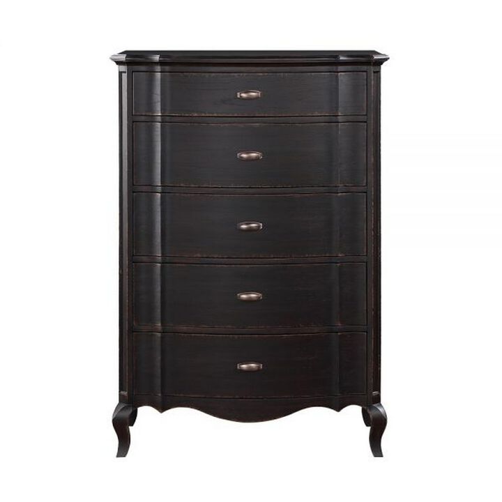 Benjara Cherry 38 Inch Tall Dresser Chest, 5 Drawer, Cabriole Legs Black Rubberwood