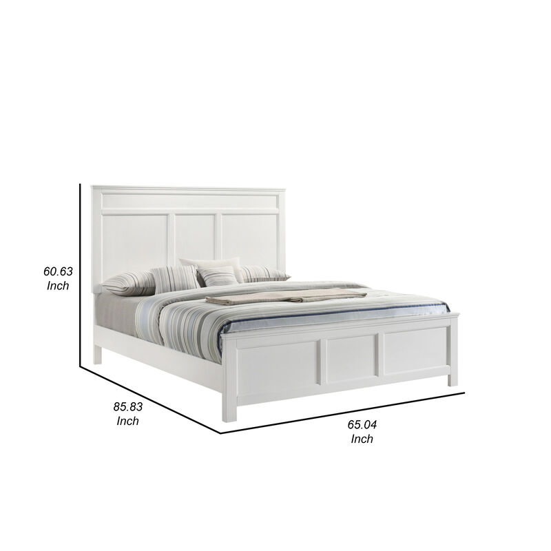 Aver Queen Size Bed, Transitional Carved Panel Design, White Wood Finish - Benzara