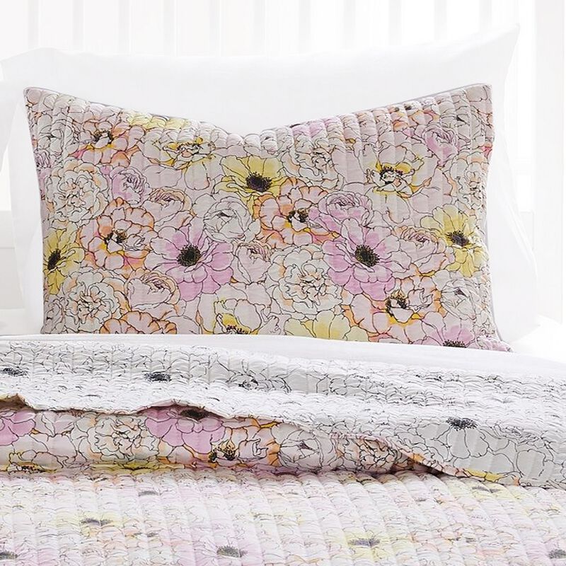 Milan 3 Piece Microfiber Blooming Flower Pattern Queen Quilt Set, White and Pink - Benzara