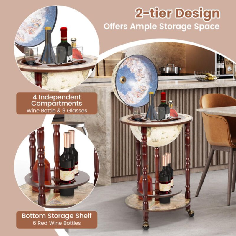 Hivvago 17 Inch Italian Style Design Wooden Globe Liquor Bottle Wine Rack with Wheels