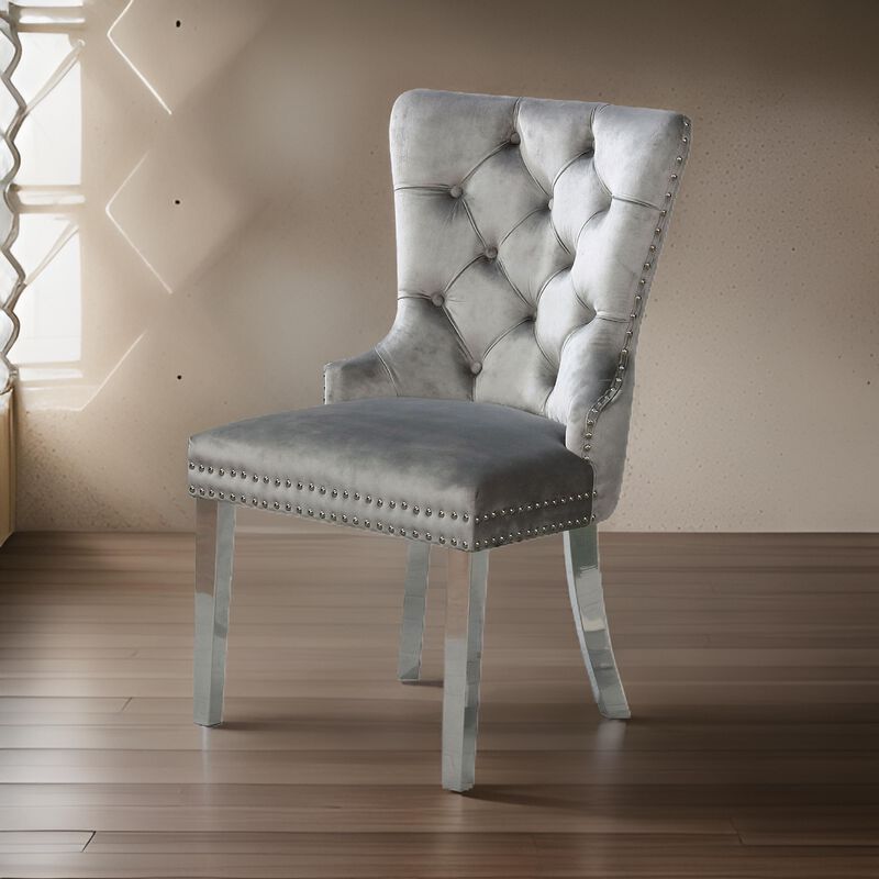 24 Inch Dining Side Chair Set of 2, Tufted Silver Gray Fabric, Chrome legs - Benzara