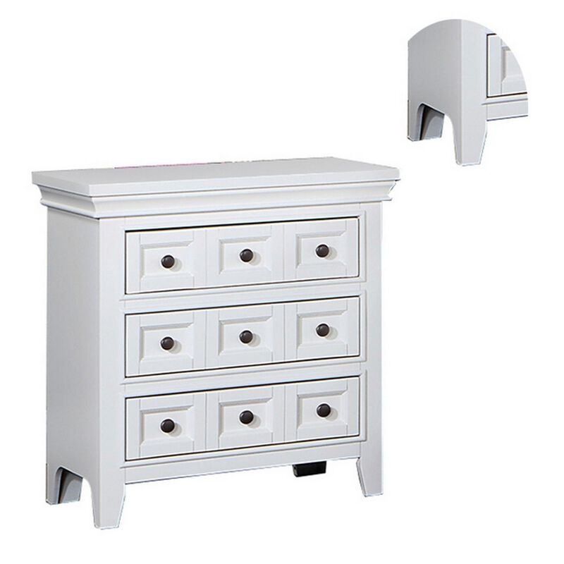 Cile 26 Inch Nightstand, 3 Panel Drawers, White Wood, Round Nickel Handles-Benzara