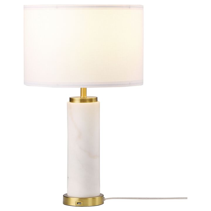 25 Inch Table Lamp, White Fabric Drum Shade, Modern Gold Metal Round Base - Benzara