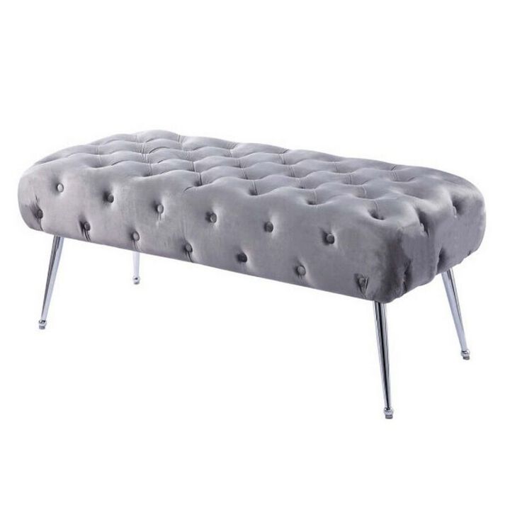 Rey 48 Inch Accent Bench, Tufted Gray Velvet Upholstery Padded Seat, Chrome - Benzara
