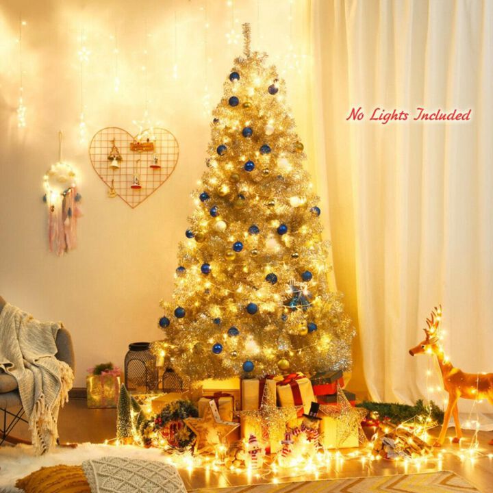 Hivvago 7.5 Ft Hinged Unlit Artificial Silver Tinsel Christmas Tree