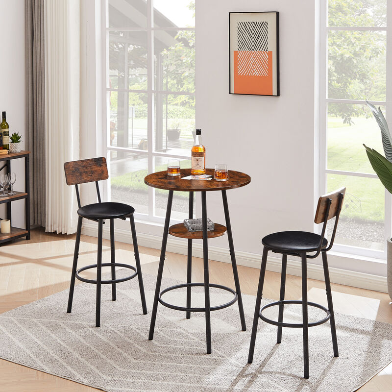 Upholstered Round Barstool Set with Backrest, Rustic Brown, 23.62" W X 23.62" D X 35.43"
