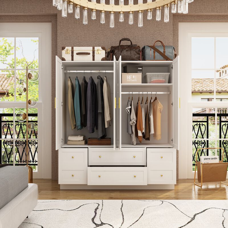 FUFU&GAGA Four-Door Wardrobe with Six Drawers and Adjustable Shelves (63" W x 19.7" D x 70.9" H),White