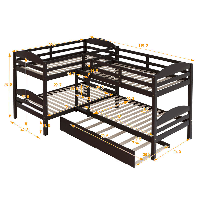 Twin L-Shaped Bunk Bed With Trundle