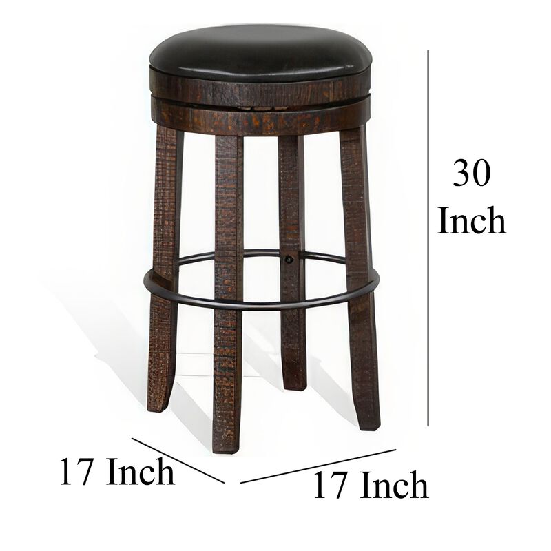 Flint Swivel Barstool Set of 2, Black Faux Leather, Dark Brown Wood - Benzara