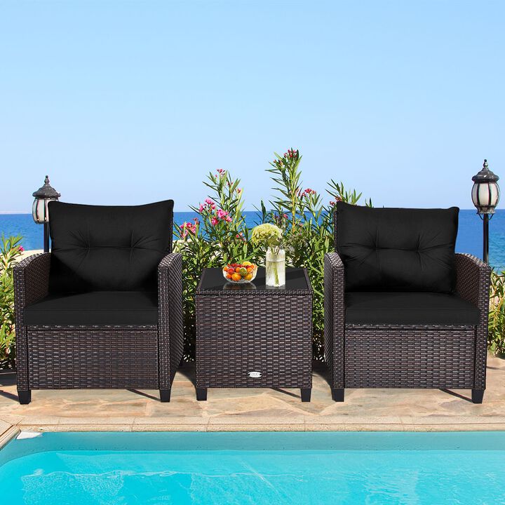 3 Pcs Patio Rattan Furniture Set Cushioned Conversation Set Coffee Table