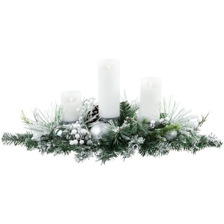 30" Green Flocked Pine Triple Candle Holder and Iridescent Christmas Ornaments