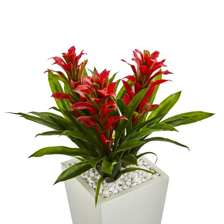 Hivvago Triple Bromeliad Artificial Plant in White Tower Planter - Red