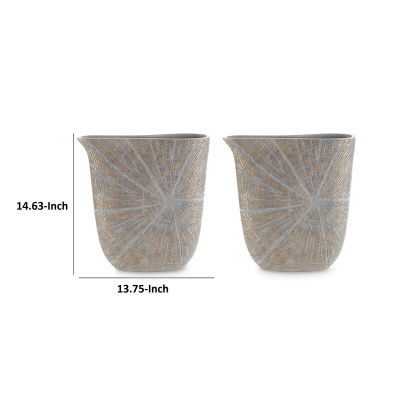 Denver Vase, Set of 2, 14 Inch, Starburst Pattern, Antique Gold Polyresin - Benzara