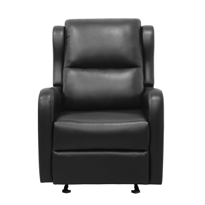 Kim 39 Inch Glider Manual Recliner Chair, Black Faux Leather, Solid Wood - Benzara