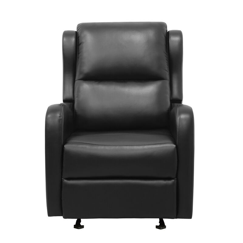 Kim 39 Inch Glider Manual Recliner Chair, Black Faux Leather, Solid Wood - Benzara