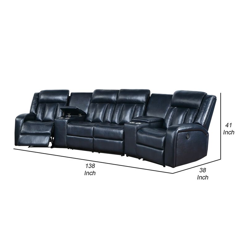 Max 5 Piece Manual Recliner Sectional Set, Vegan Faux Leather, Navy Blue-Benzara