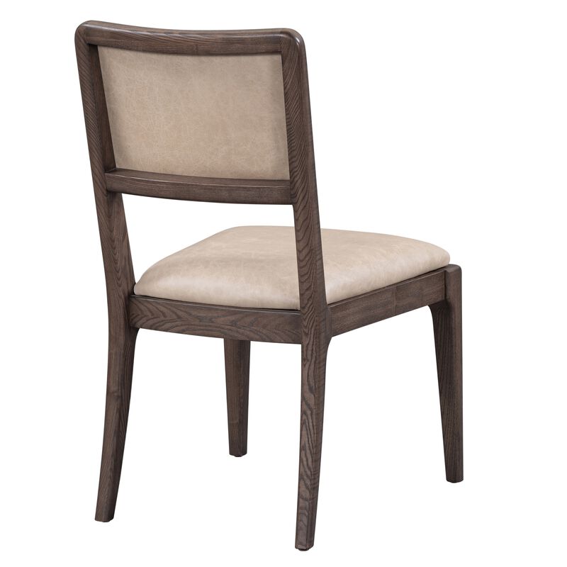 Ese 25 Inch Dinning Chair, Beige Real Leather, Open Style, Brown Solid Wood - Benzara
