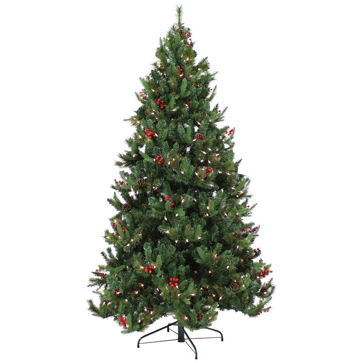 Sunnydaze Merry Berries Indoor/Outdoor Pre-Lit Faux Christmas Tree - 7 ft