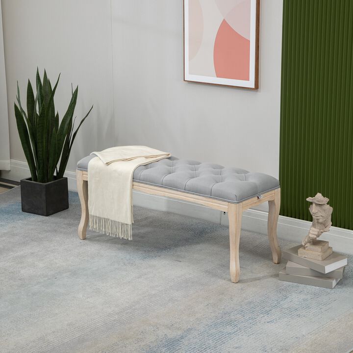 Grey Entryway Bench: 43" Linen Fabric Ottoman with Tufted Design