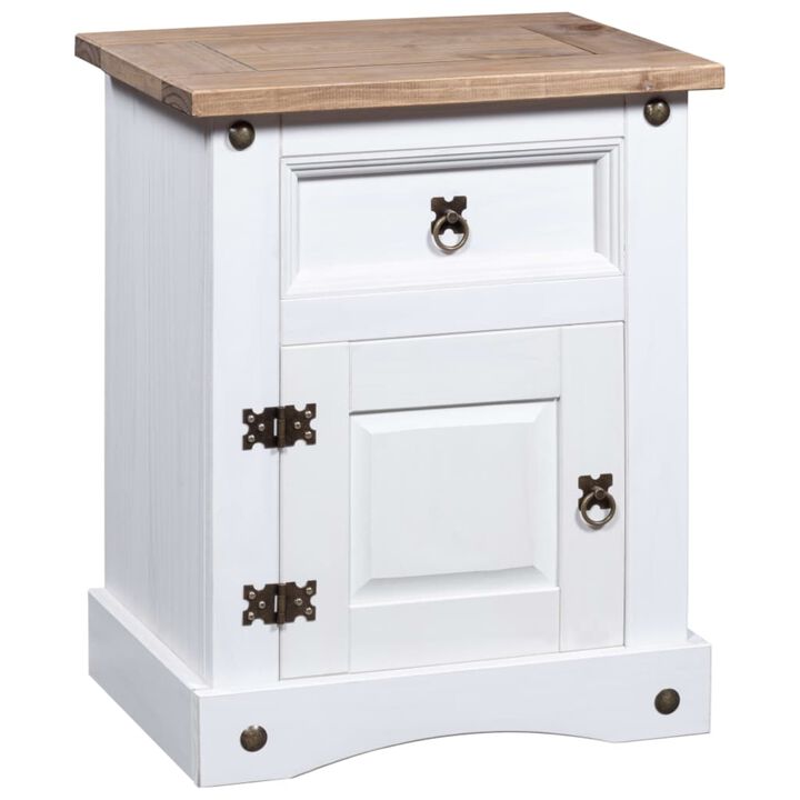 vidaXL Bedside Cabinet in Rustic Mexican 'Corona' Style, Solid Pinewood, White Body with Brown Top, Includes Drawer and Cupboard