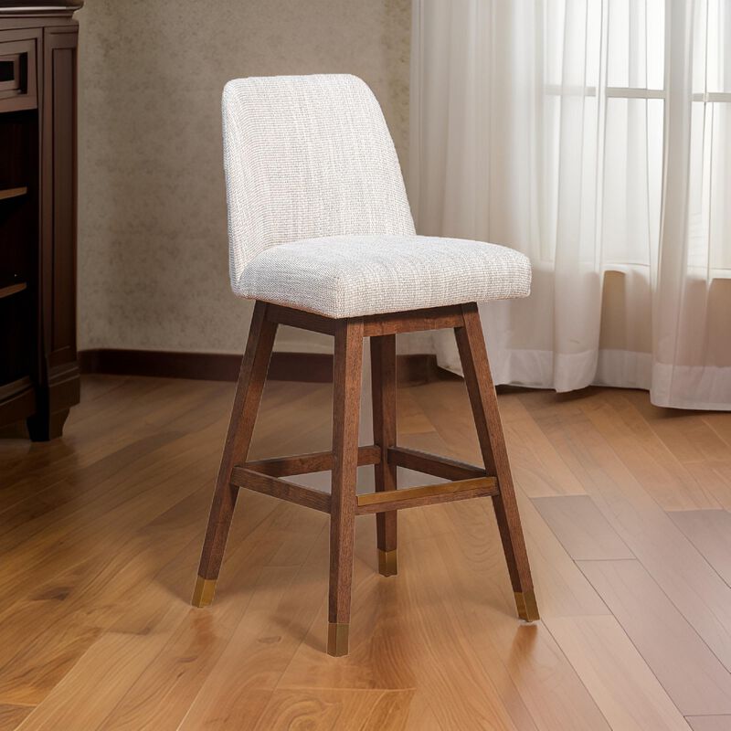 Lara 30 Inch Swivel Barstool Chair, Soft Beige Polyester, Brown Wood Legs-Benzara