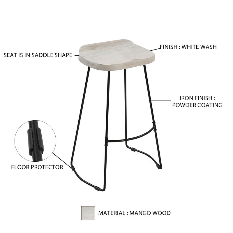 Tiva 30 Inch Handcrafted Backless Barstool, Whitewashed Mango Wood Saddle Seat, Black Metal Base-Benzara