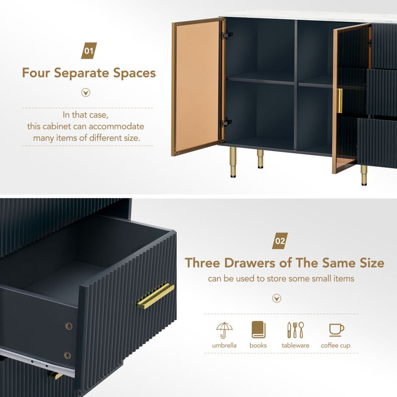 Modern MDF Buffet Cabinet with Glass Doors & Marble Top