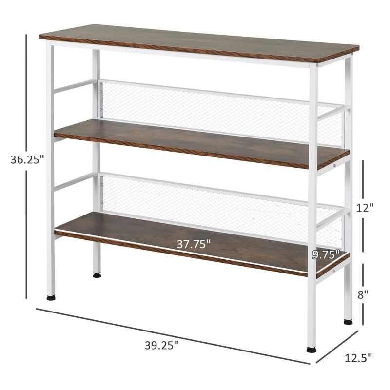 White Modern Console: 3-Tier Metal & Wood Table with Adjustable Feet