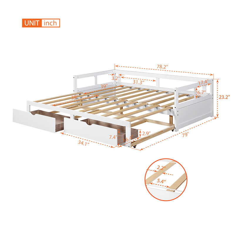 Wooden Daybed with Trundle and 2 Drawers