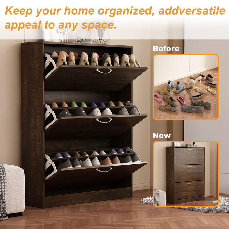 FUFU&GAGA 47.2-in H 3 Tier 12 Pair Composite Shoe Cabinet,(31.6" W x 9.3" D x 47.2" H), Brown