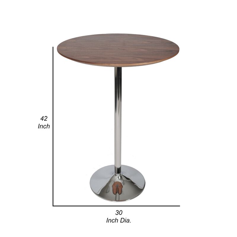 42 Inch High Bar Table, Walnut Brown Round Top, Modern Metal Pedestal Base - Benzara