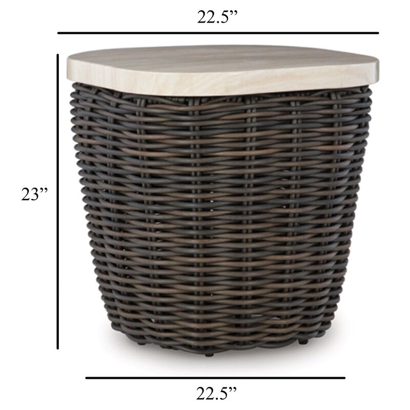 Kimo Outdoor Square End Table, Dark Brown Wicker Details, 23 Inch - Benzara