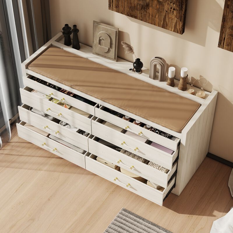 FUFU&GAGA 8-Drawer Bedroom Island Storage Cabinet, White Finish with Wood Grain, Gold and White Handles (66.5" W x 23.6" D x 31.5" H),White