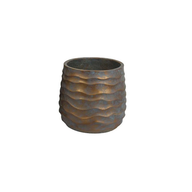 18 Inch Planter Set of 2, Wavy Design, Indoor Outdoor Rustic Bronze Resin - Benzara
