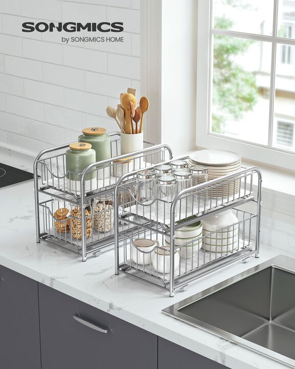 2-Tier Sliding Pull-Out Cabinet Organizer - Space-Saving Storage for Kitchen and Pantry