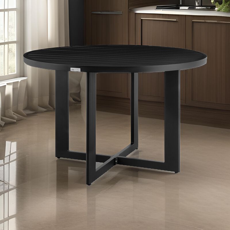 Ollie 48 Inch Patio Dining Table, Aluminum Frame and Round Tabletop, Black-Benzara
