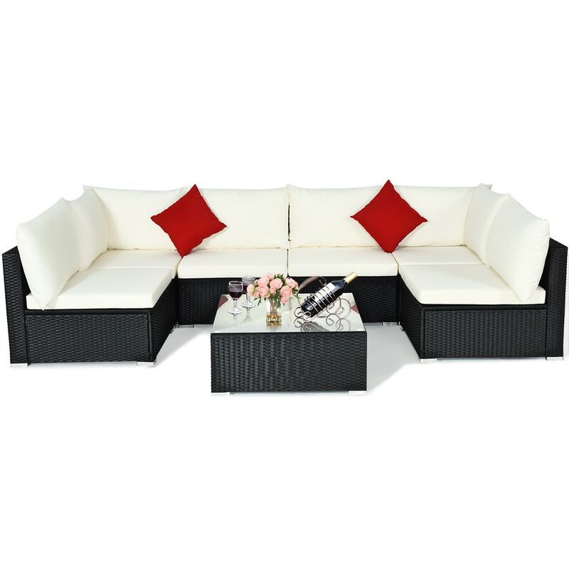 7 Pieces Sectional Wicker Furniture Sofa Set with Tempered Glass Top-Beige