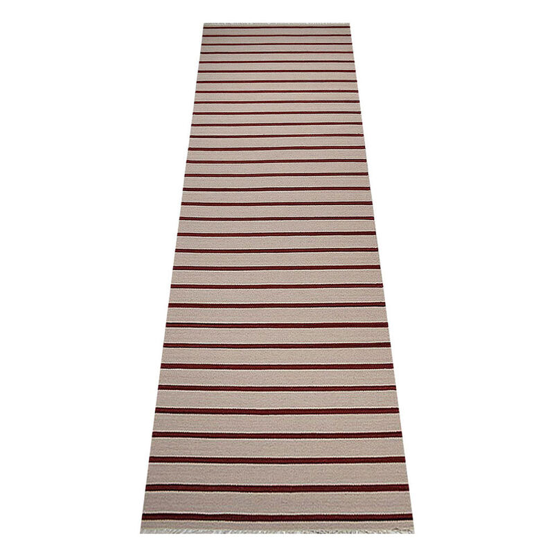 RUGSOTIC CARPETS HAND WOVEN FLAT WEAVE KILIM WOOL ECO-FRIENDLY AREA RUGS  - 2'6''x6', Runner Shape, Cream Red Color, Contemporary Modern Design, Low Pile Handmade Rugs for Living Room (D00118)